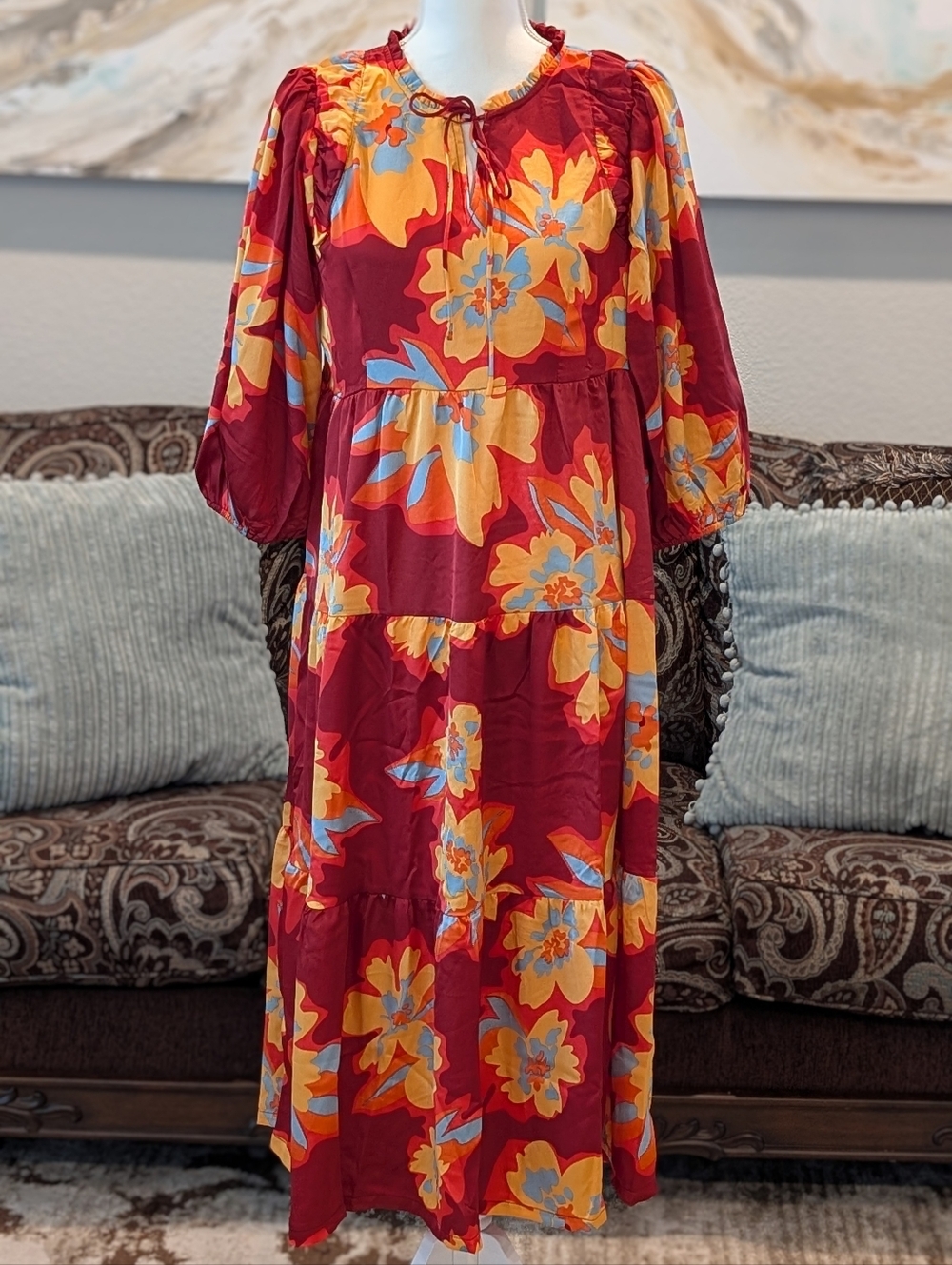 Umgee -Floral Tiered Dress in Burgundy with Yellow & Blue Accents